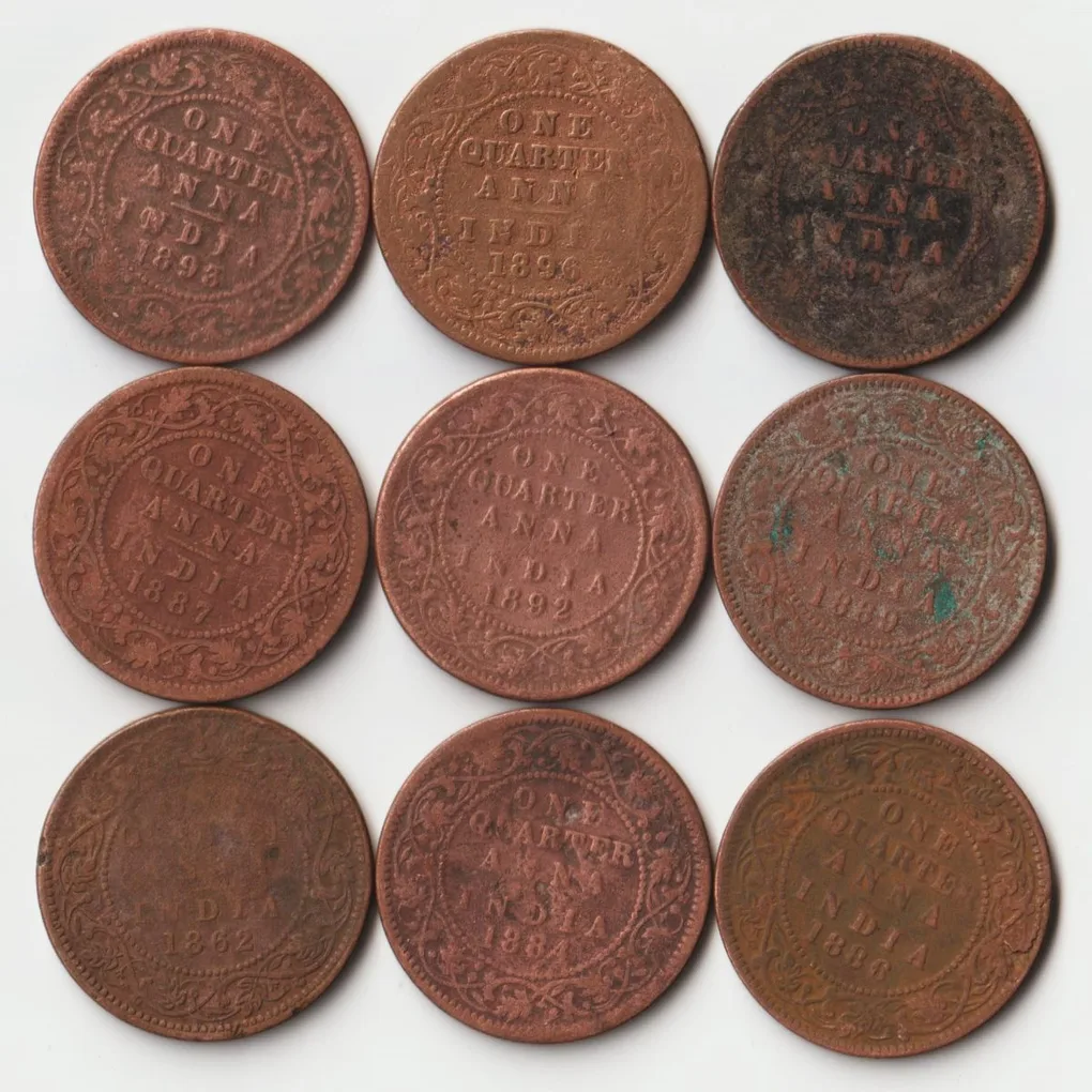 Rare 9 Coins Set of One Quarter Anna 1862 to 1897 Copper Coins Set of Empress Victoria British India Coinage