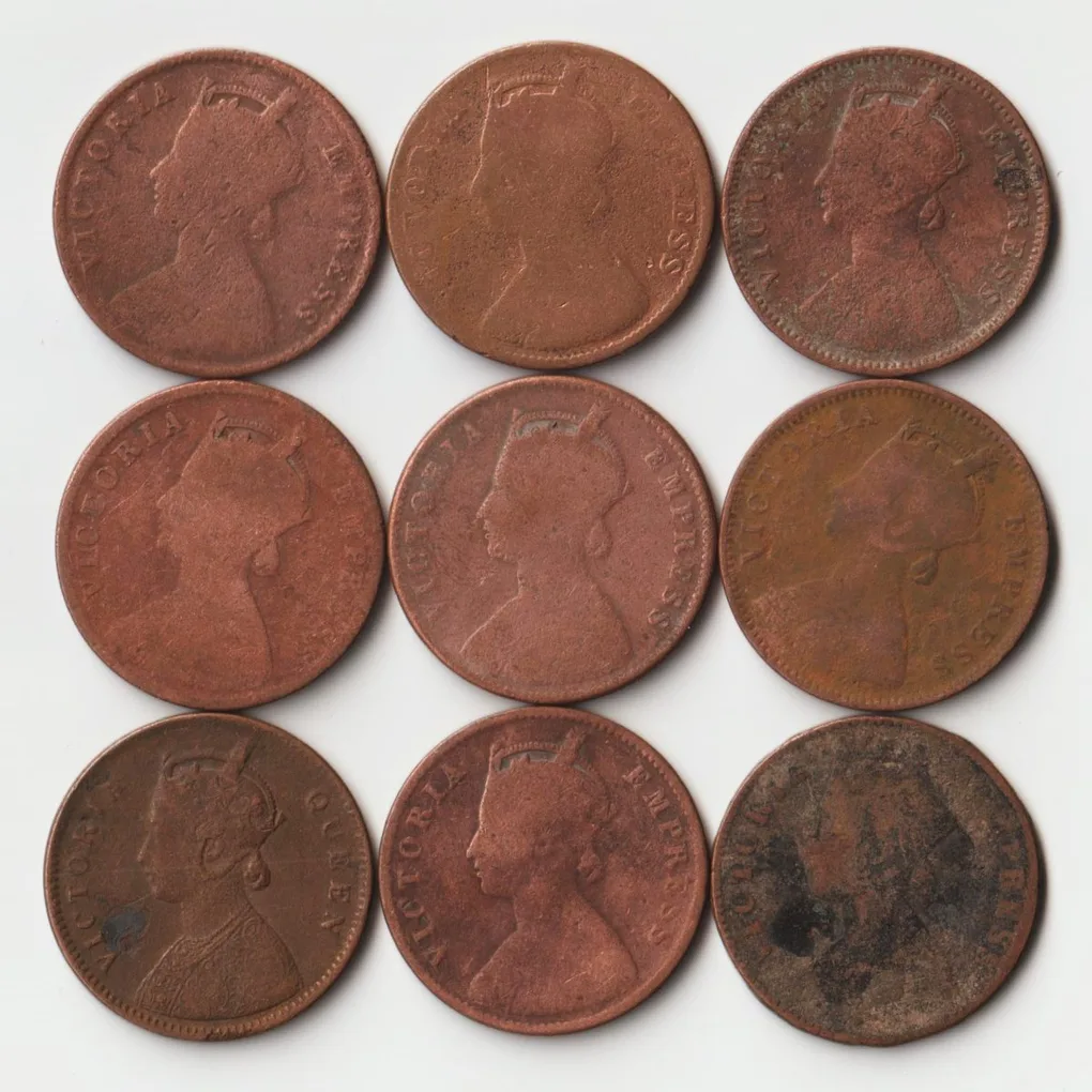 Rare 9 Coins Set of One Quarter Anna 1862 to 1897 Copper Coins Set of Empress Victoria British India Coinage