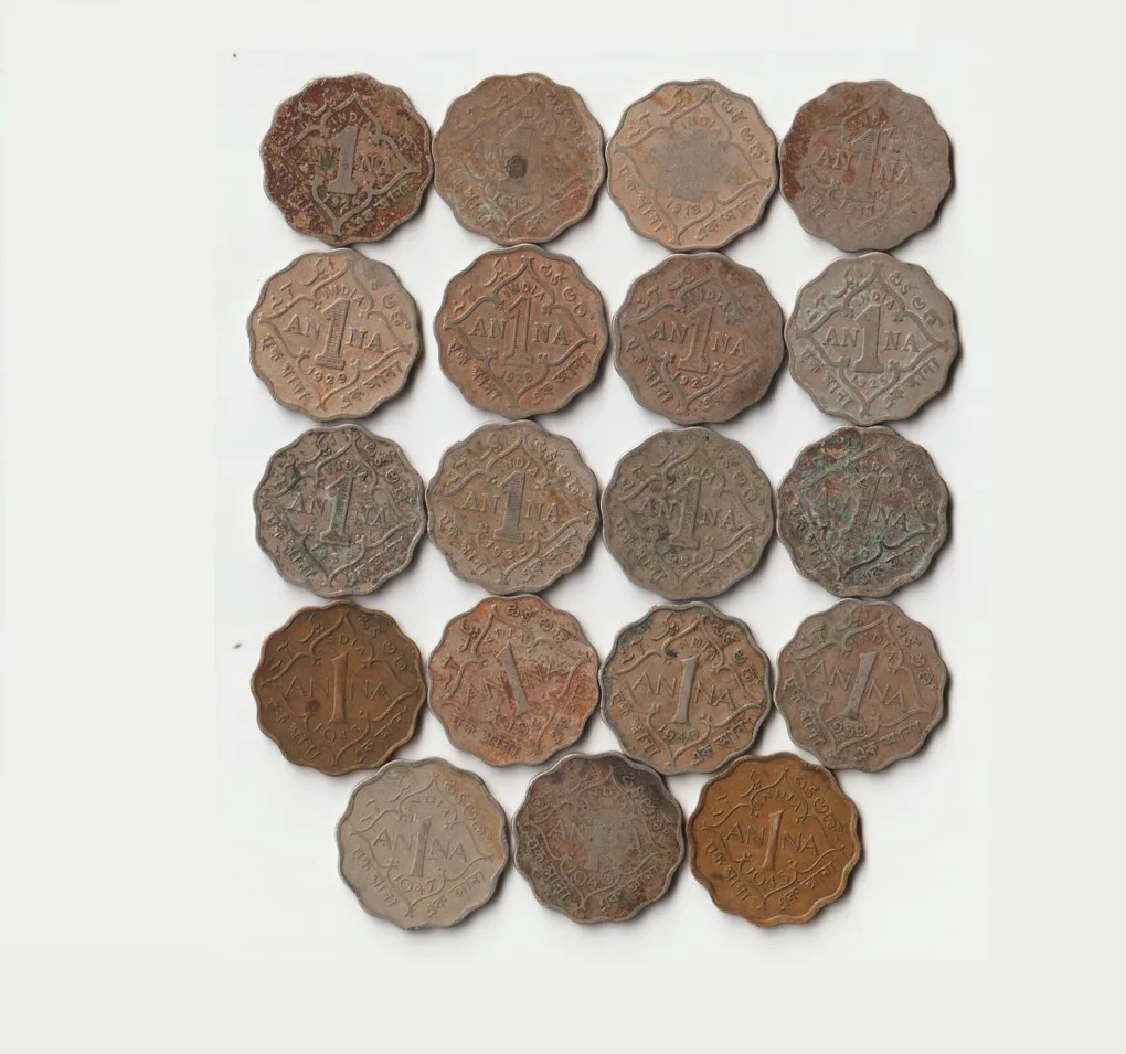 Rare 19 Coins Set of One Anna 1917 to 1947 Different Mints Copper-Nickel Coins of King George V and George VI British India Coinage