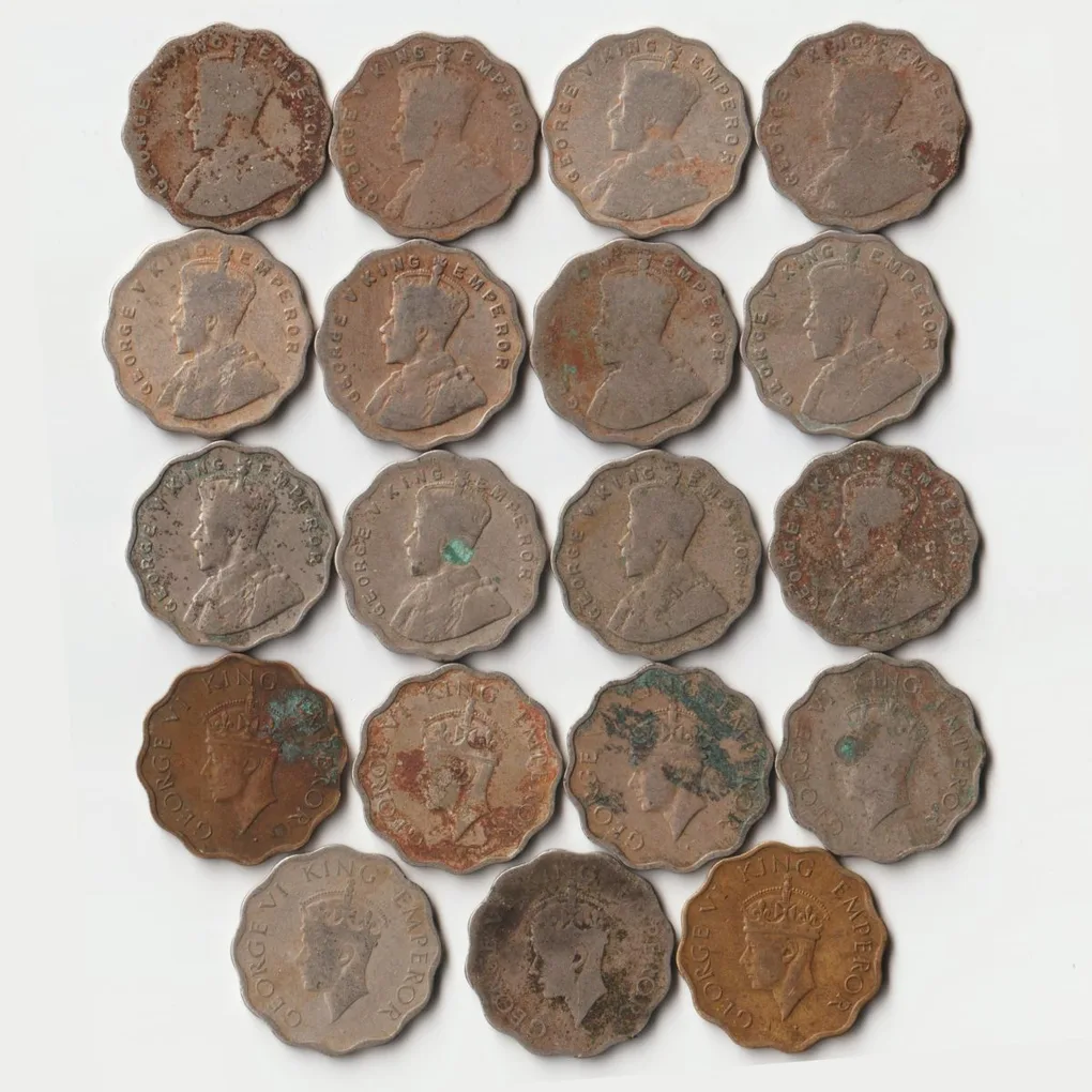 Rare 19 Coins Set of One Anna 1917 to 1947 Different Mints Copper-Nickel Coins of King George V and George VI British India Coinage