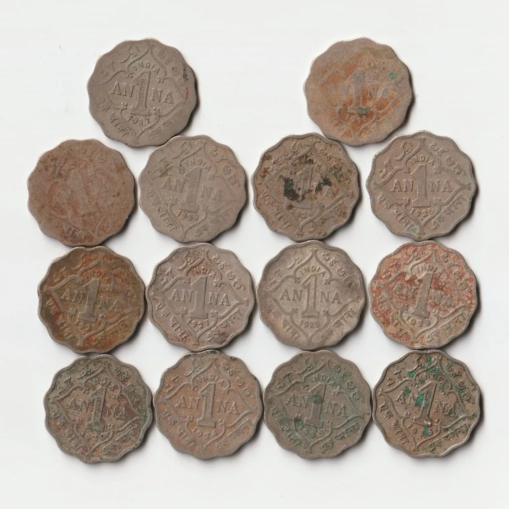 King George V Rare 14 Coins Set of One Anna 1917 to 1936 Different Mints Copper-Nickel Coins of British India Coinage