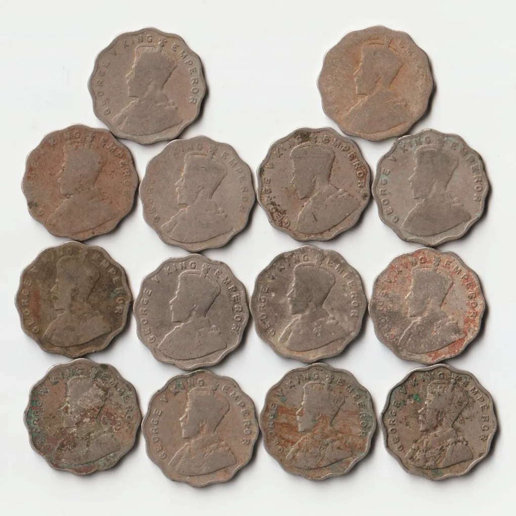 King George V Rare 14 Coins Set of One Anna 1917 to 1936 Different Mints Copper-Nickel Coins of British India Coinage