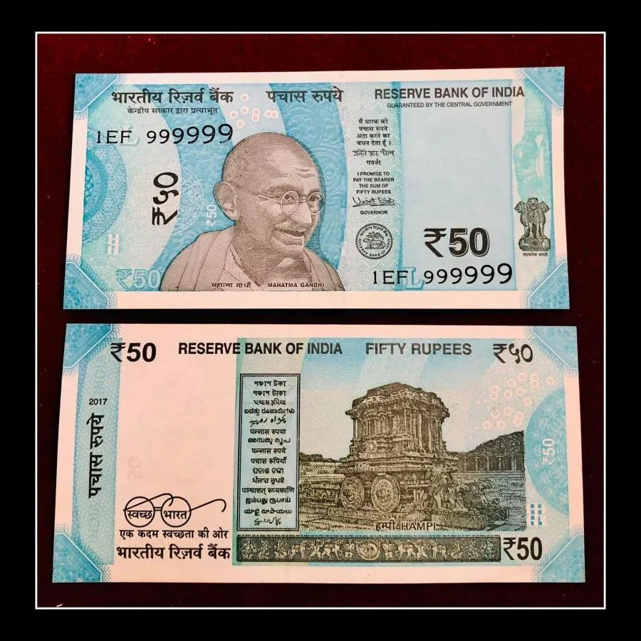 Rs 50 India Banknote Solid Fancy Number 999999 Gem Unc Unique and Rare