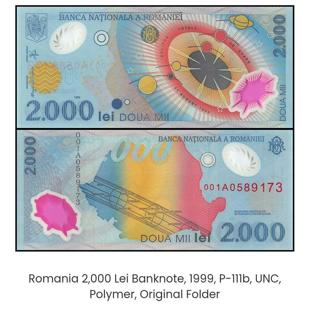 Romania 2,000 Lei Banknote, 1999, P-111b, UNC, Polymer, Original Folder