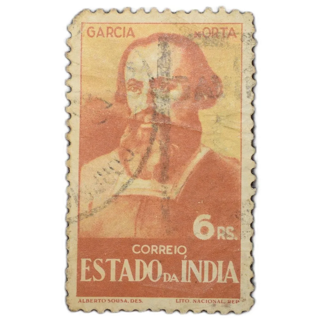 Postal Stamp of India Portugues - Garcia Orto Issue - Yellow - Brown colour 6 Ries stamp, Used Condi