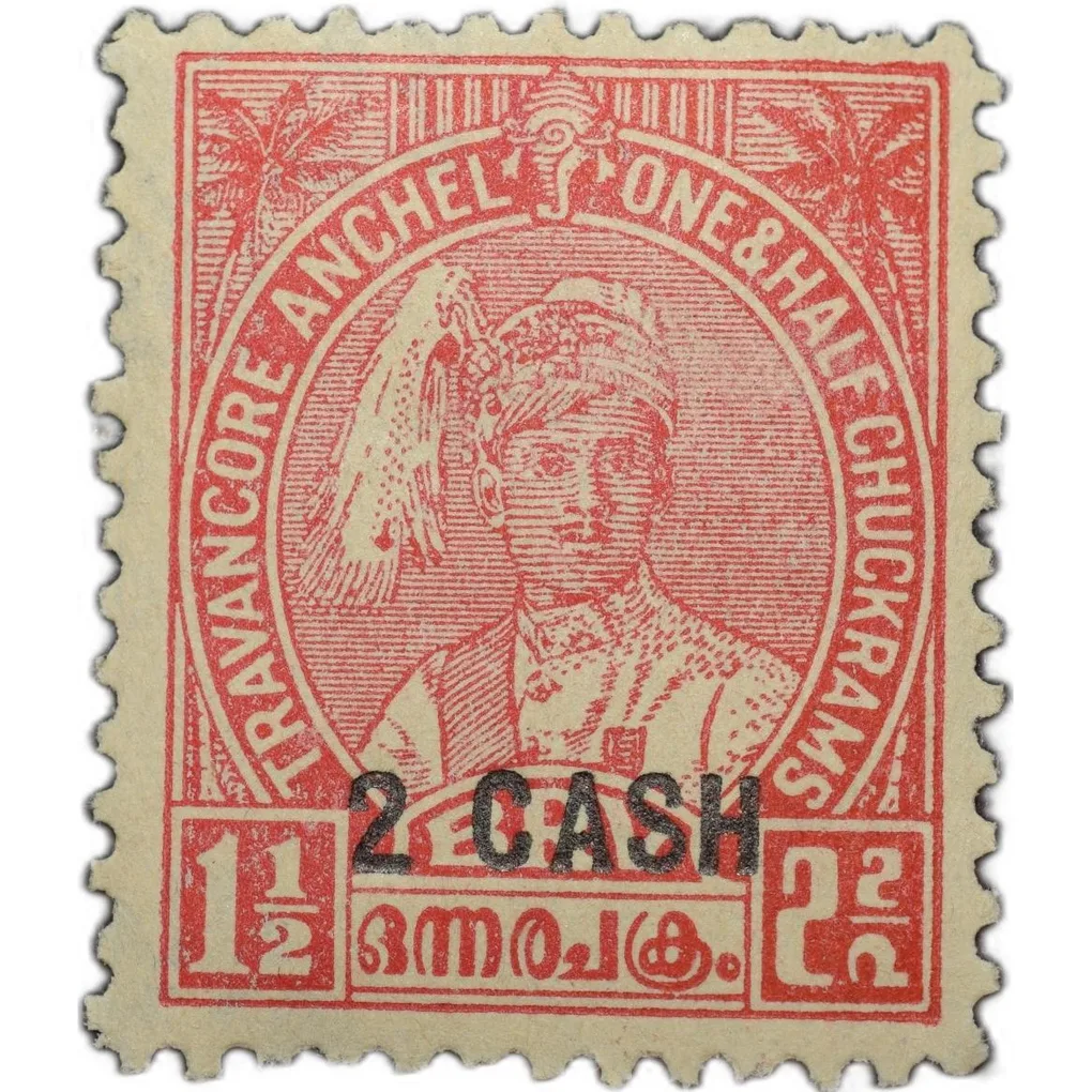 Postal Stamp of Travancore Anchel Red Colour 1 - 1/2 Chukram - '2 Cash' Over Printed in Black - Mint