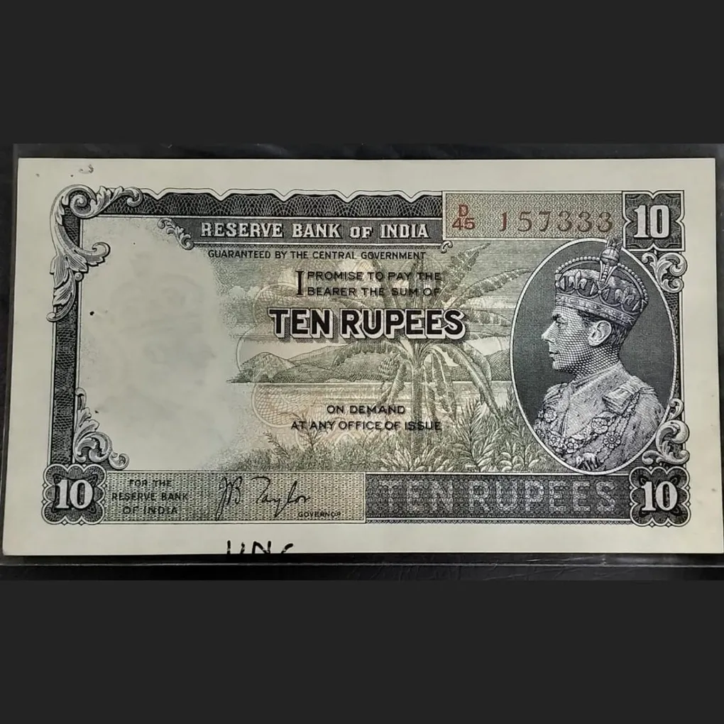 10 Rupees Bank Note of King George VI signed by J.b Taylor GEM UNC Condition