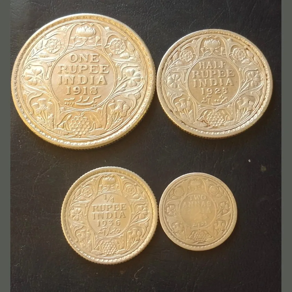 Collection King👑👑👑 George V 4 Different fraction 1Rs, 1/2₹ ,1/4 & 2aana Original Gauaran