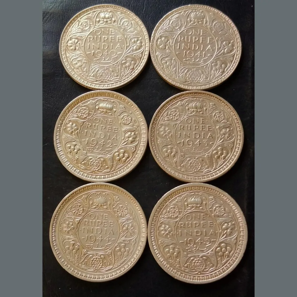 King👑👑👑George Vl 6 Different Years- 1₹ Complete Set Dates Details:- 1940/41/42/43/44 /4