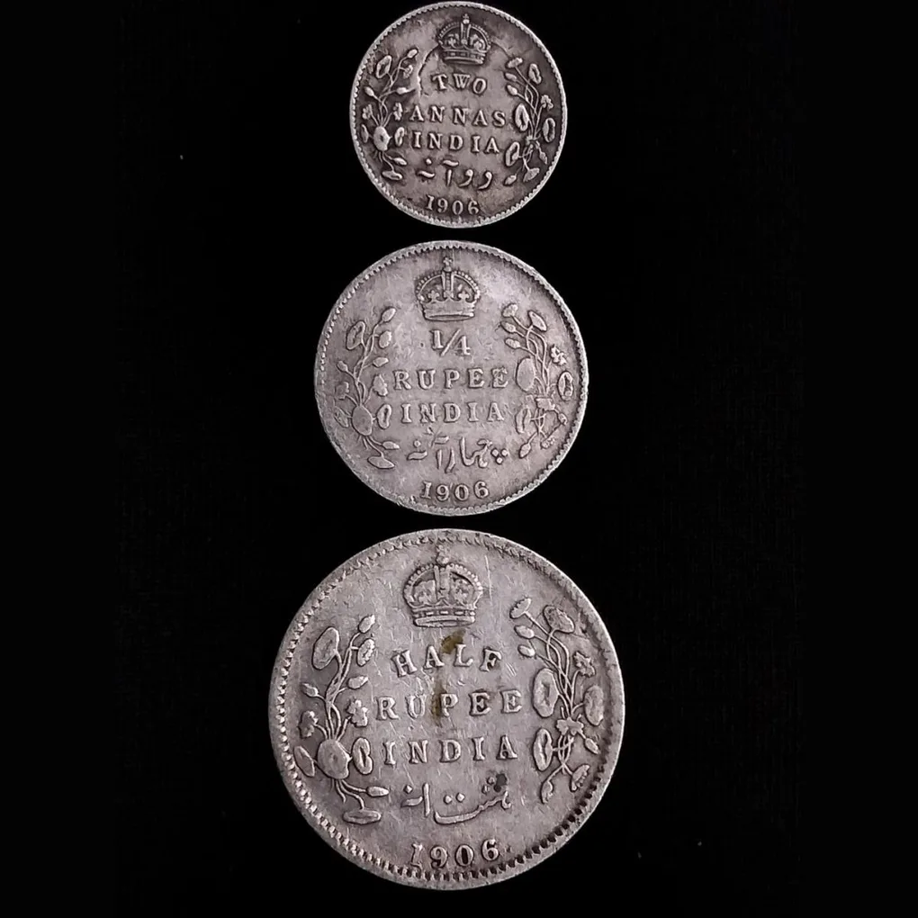 HALF,1/4 Rupee and Two Anna 1906 Edward VII King *Rare Set*