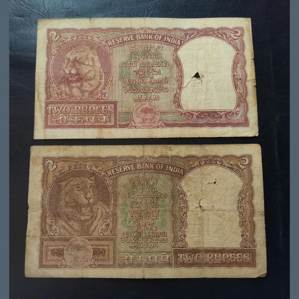 2 rupees half tiger note very good condition different signature one PC Bhattacharya second h v r