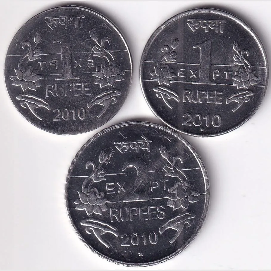 India 1 Rupee & 2 Rupees 2010 Bombay,Calcutta,Hyderabad Mint Steel Three EXPT Unc Coins Set Rare
