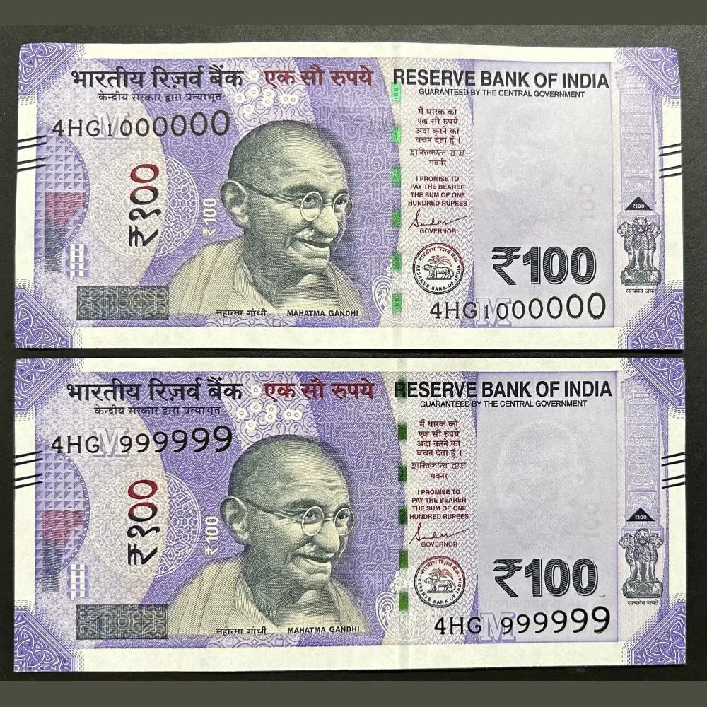 Rs 100 India Banknote Fancy Number 999999 and 1000000 GEM UNC Unique Latest Pattern Issue