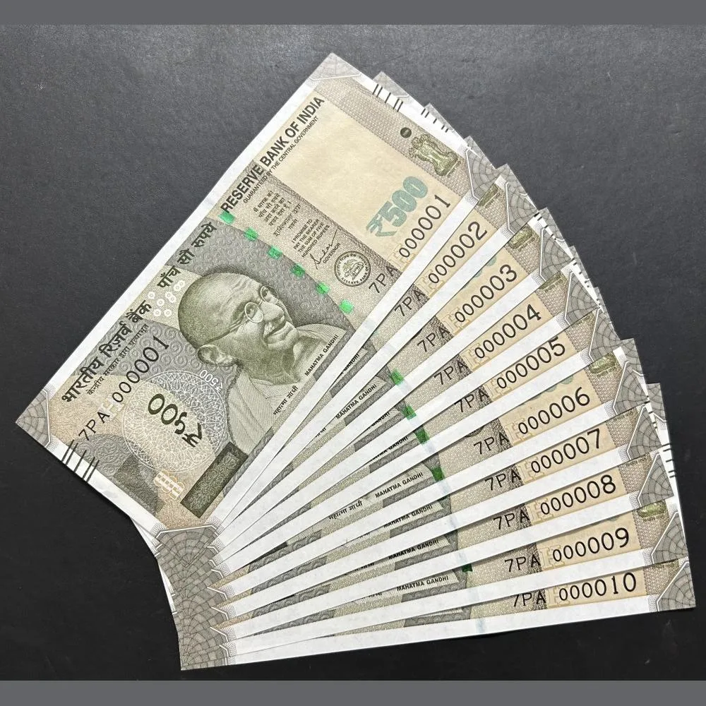 Rs 500 Bank note 10 pcs set Lower number 000001 to 000010 Gem UNC condition different prifix give