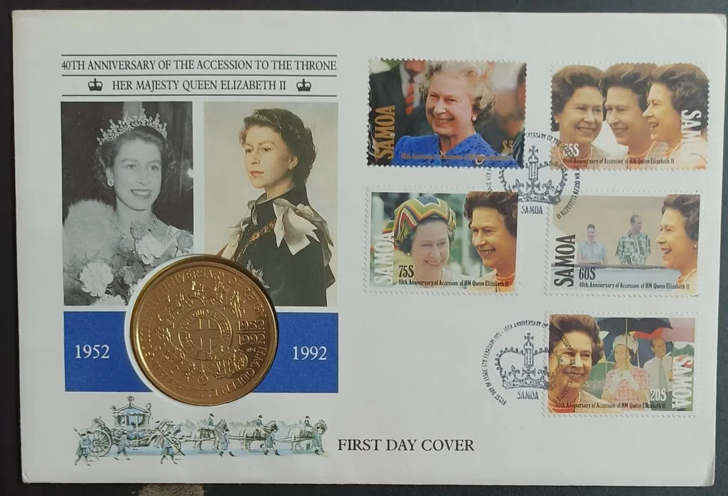 Samoi Sisifo One Dollar1992 (H.M.Queen Elizabeth ii Forthy Anniversary ofReign) Weight 28.28 Gram, Diameter 38.61Grem,Unc With first day Cover Stams,Mint packing, Beautiful Set