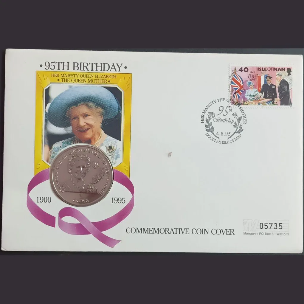 Isle of man,One Crown,1995 (95th Birthday of H.M.Queen Elizabath The Queen Mother) Weight 28.28 Gram, Diameter 38.61Grem,Unc With first day Cover Stams,Mint packing, Beautiful Set