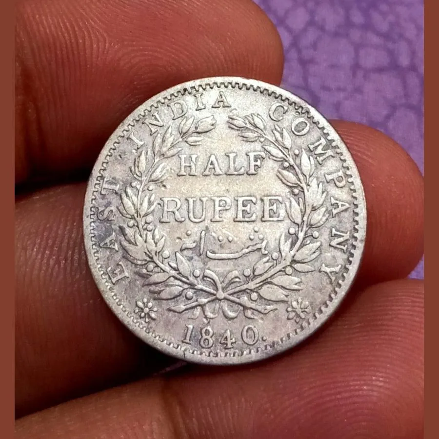 British India Silver 1/2 Rupee East India Company Year 1840 Queen Victoria Continuous Legend with “Indian Head” Die Variety **Extremely Rare** High Collectable Grade.