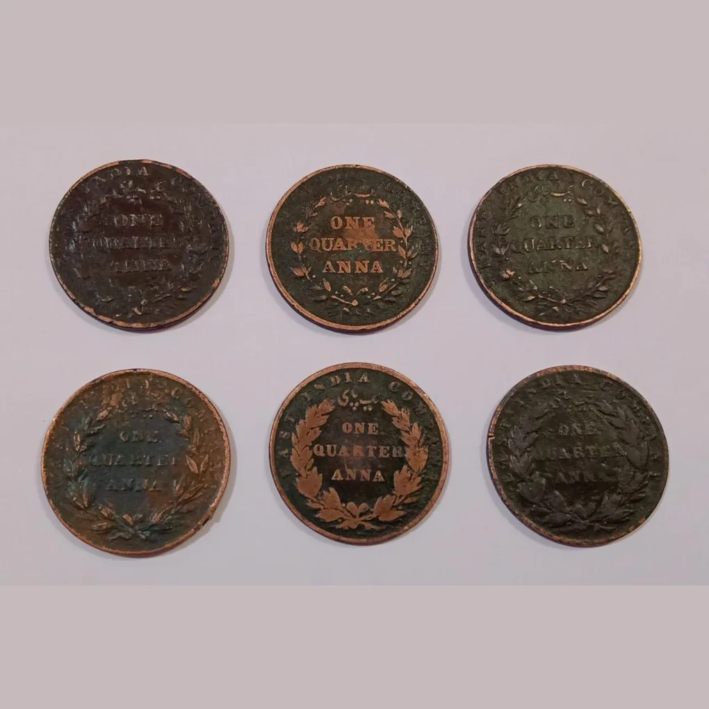 British India One Quarter Anna "East India Company" Year 1835 Die Variety 3 Sets Total 6 Coins Thick and THIN Legends Balloon Variety **Very Scare** Used Conditions.