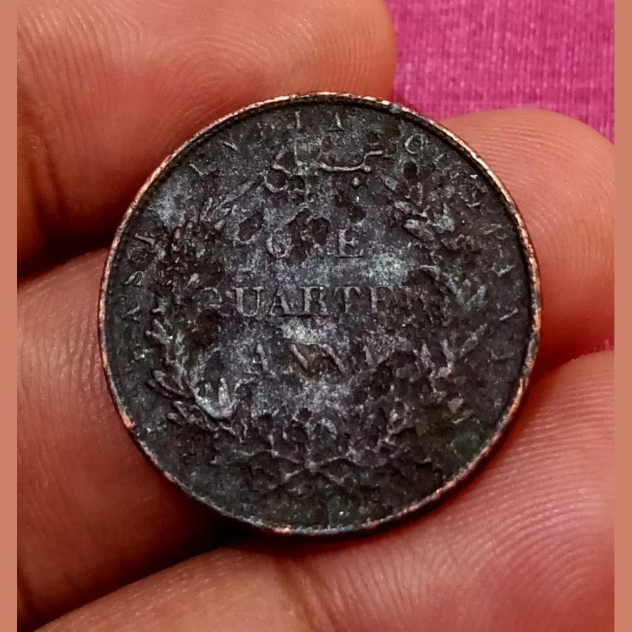 British India One Quarter Anna Year 1858 "East India Company" Inverted Axis **Rare** Used Condition Poor Grade.