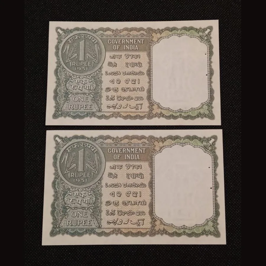 One Rupee Old Issue Year 1951 Signature K.G Ambegaonkar Grey-Green Color Catalog Number A-3 **Rare** 2 Notes are in Crisp UNC Conditions.