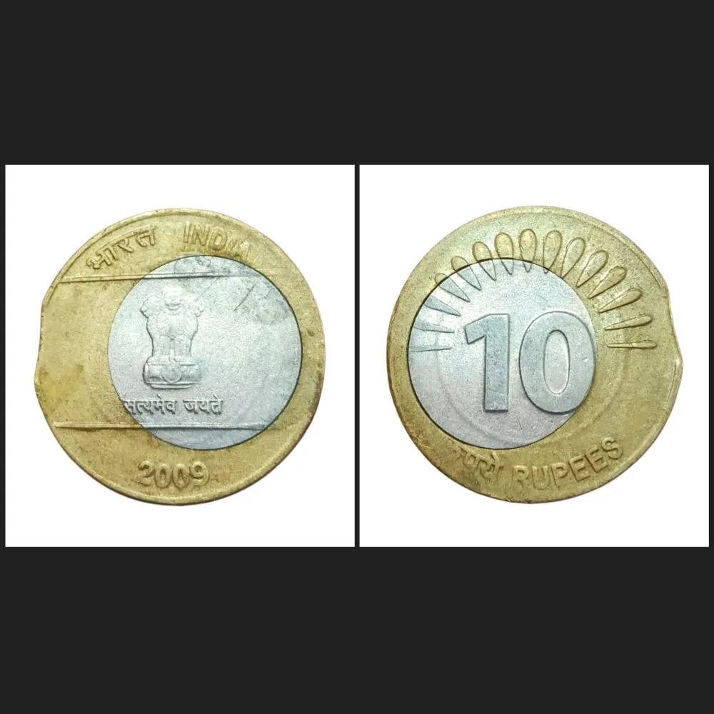 10 Rs First Issue 2009 Major DISC Off Center & Curve CLIP CUT Error **V. Rare** Highly Collectable
