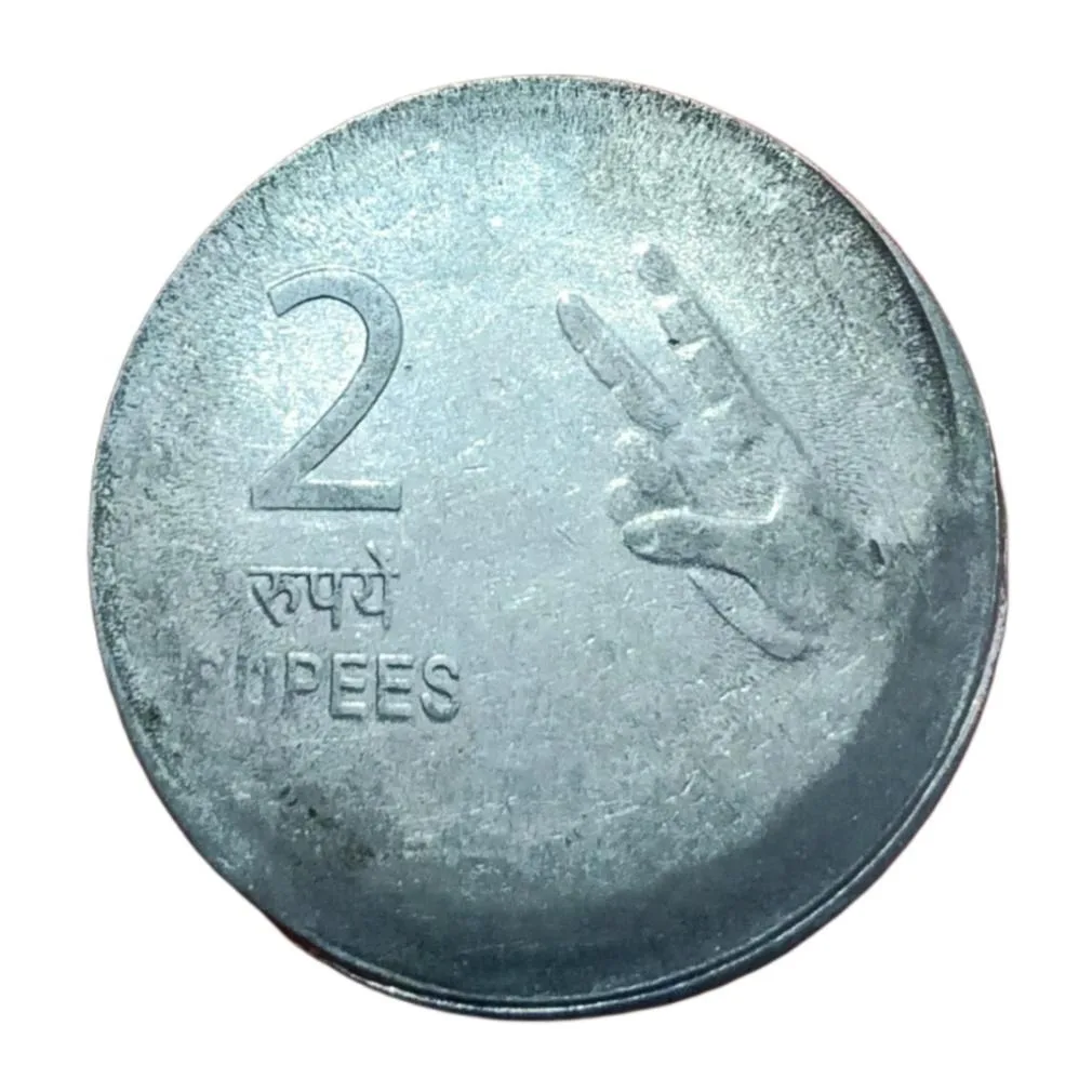 2 Rupees Fss Mudra Series Year 2010 Vertical Off Center Error in Collectable Grade.