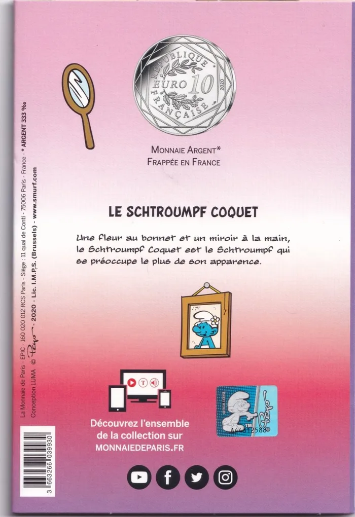 France 10 Euro (Le Schtroumpf Coquet ) silver proof set foldar pack gem UNC