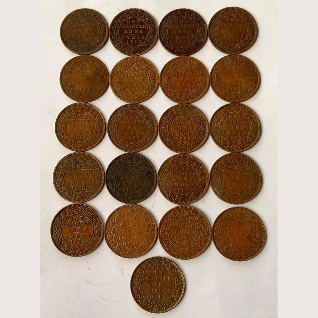 British India 🇮🇳 Copper 1/4aana 21 Different Years Set George V. & Vl Years Details 1912/13/