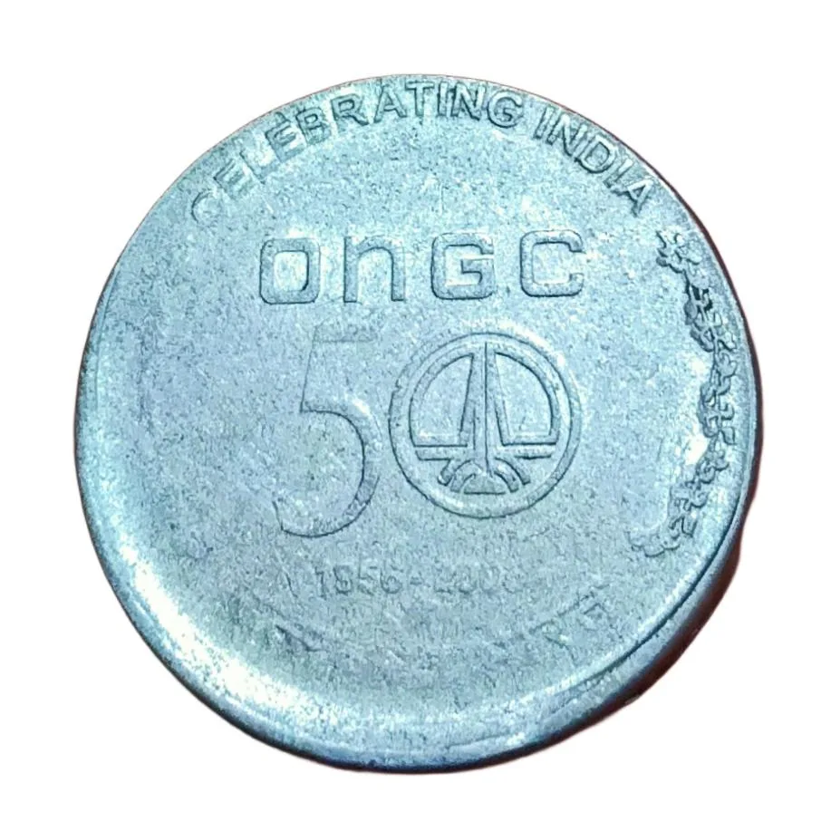 5 Rupees Fss Commemorative Issue 50 Year's ONGC Vertical Off Center Error in Used Condition.