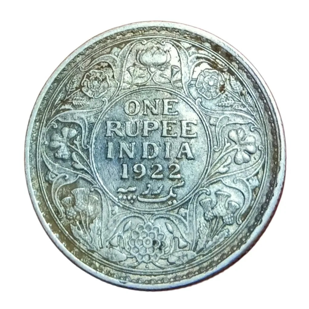 British India Silver Rupee KEY Year 1922 King George-V with SUN Burst Error **V. Rare** Collectable.