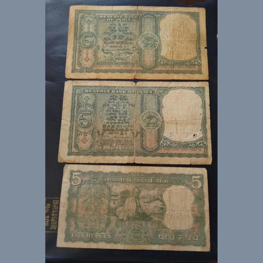 5₹ Notes 3 different signature. 1 H. V. R. Lenger. 6 DEER 🦌 2 P. C.Bhattacharya. 3 dee