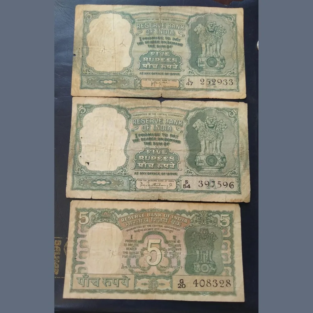 5₹ Notes 3 different signature. 1 H. V. R. Lenger. 6 DEER 🦌 2 P. C.Bhattacharya. 3 dee
