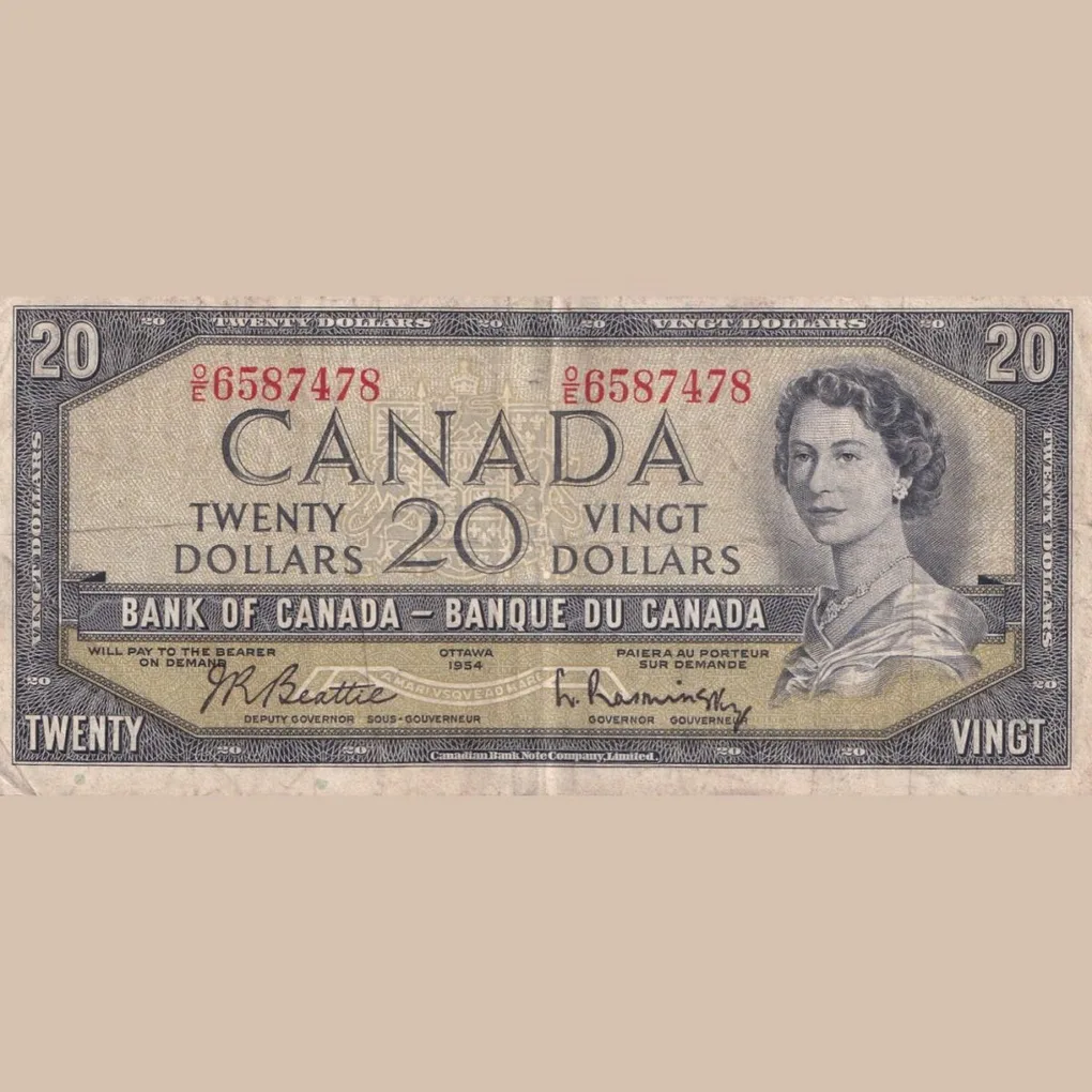 Very Rare Canada 20 Dollar 1954 Ottawa Elizabeth Old Ishu Bank Note