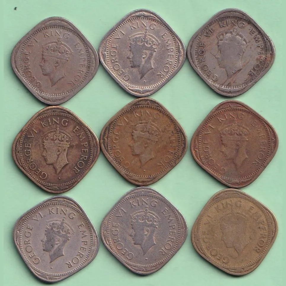 1939-1947 Complete Set Two Anna George Six British India Coin 9 Pcs Set #F10