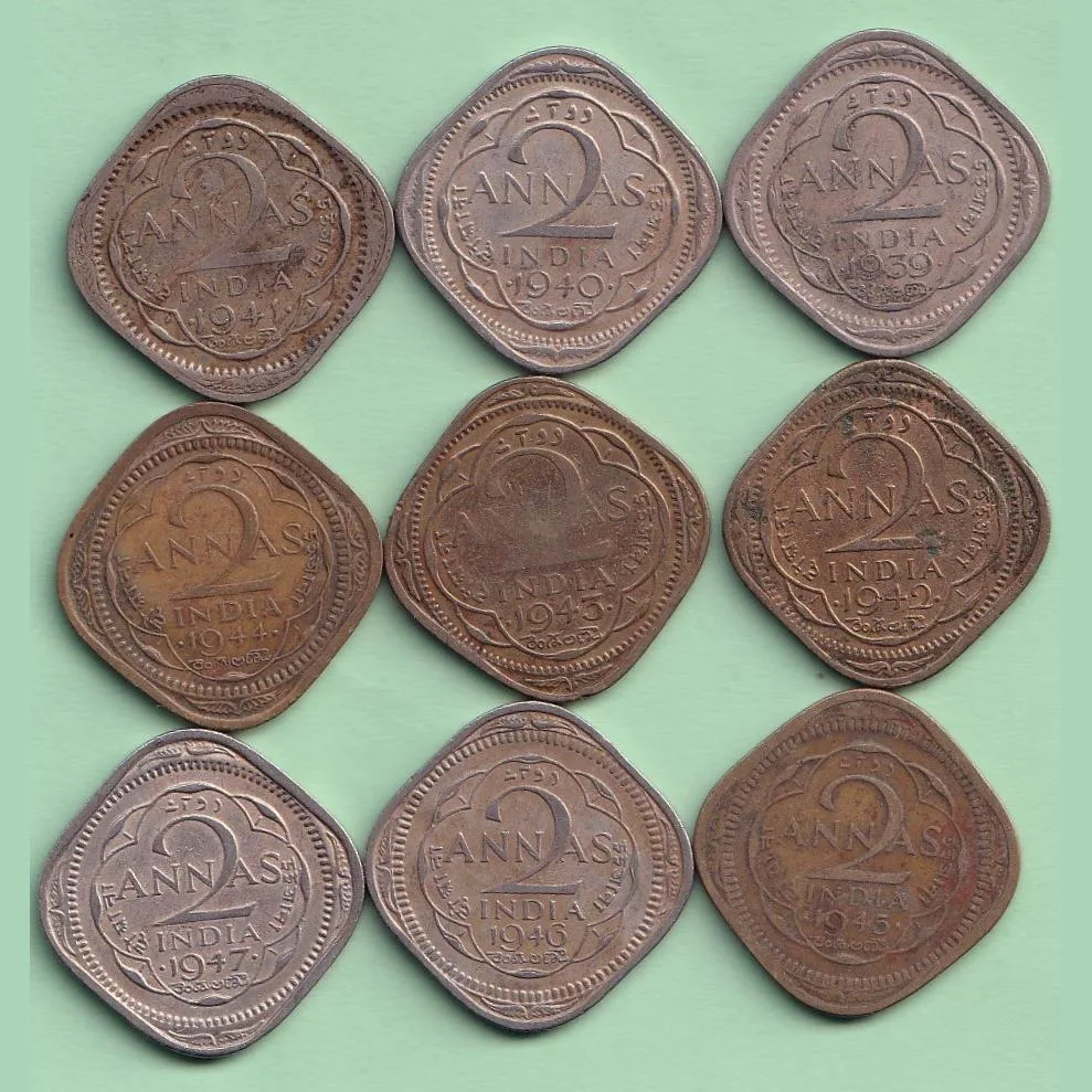 1939-1947 Complete Set Two Anna George Six British India Coin 9 Pcs Set #F11
