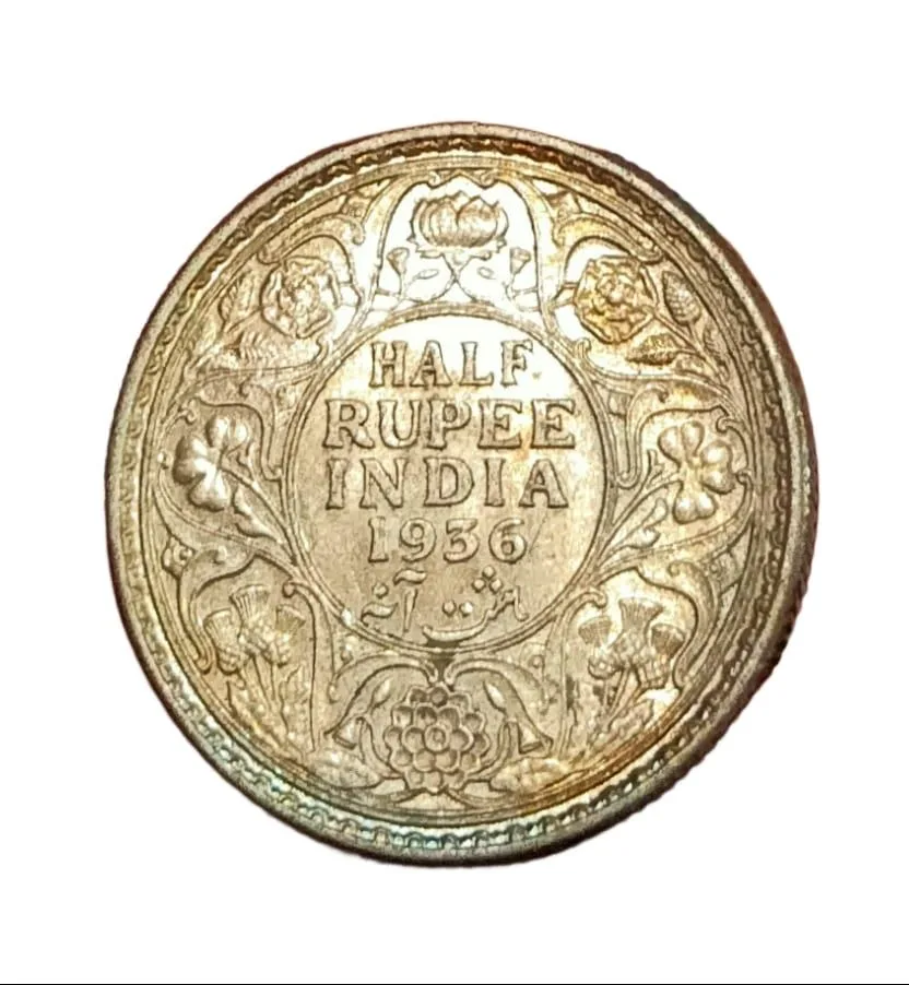 British India Silver 1/2 Rupee Year 1936 King George-V in UNC Grade Natural Toning & Mint Luster