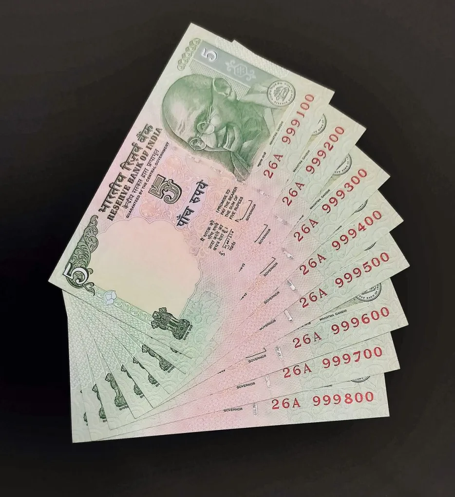5 Rupee Gandhi Note Fancy Set of 8 Notes 26A 999100-999800 UNC