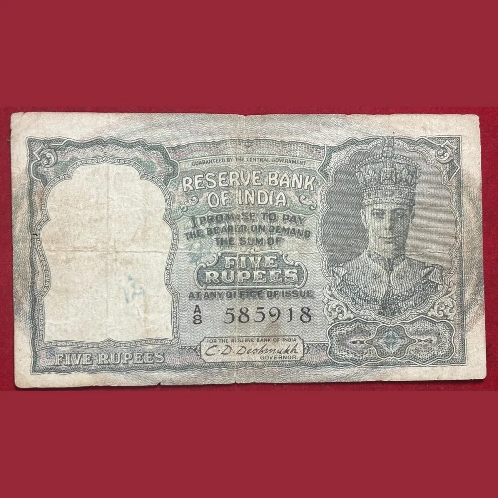 British India 5 Ruppes George Six Governor C. D. Deshmukh Very Rare Note