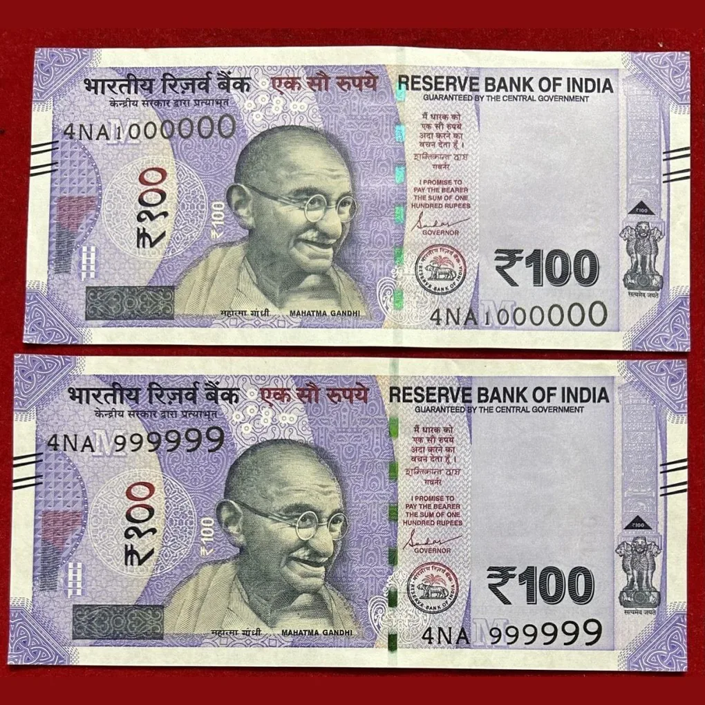 Rs 100 India Banknote Fancy Number 999999 and 1000000 GEM UNC Unique Latest Pattern Issue