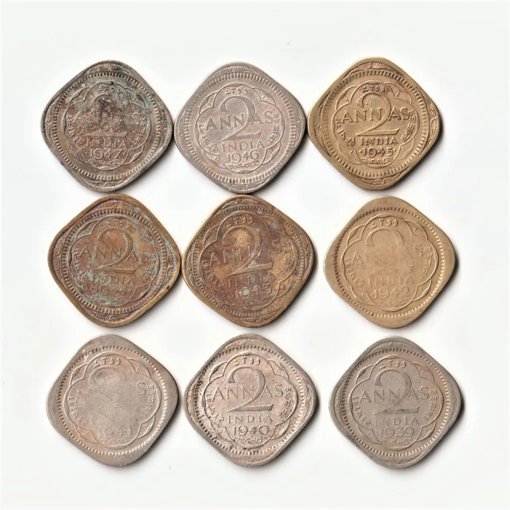 9 Coin Set of Two Anna 1939 to 1947 Copper-Nickel Coin of George VI British India Coinage