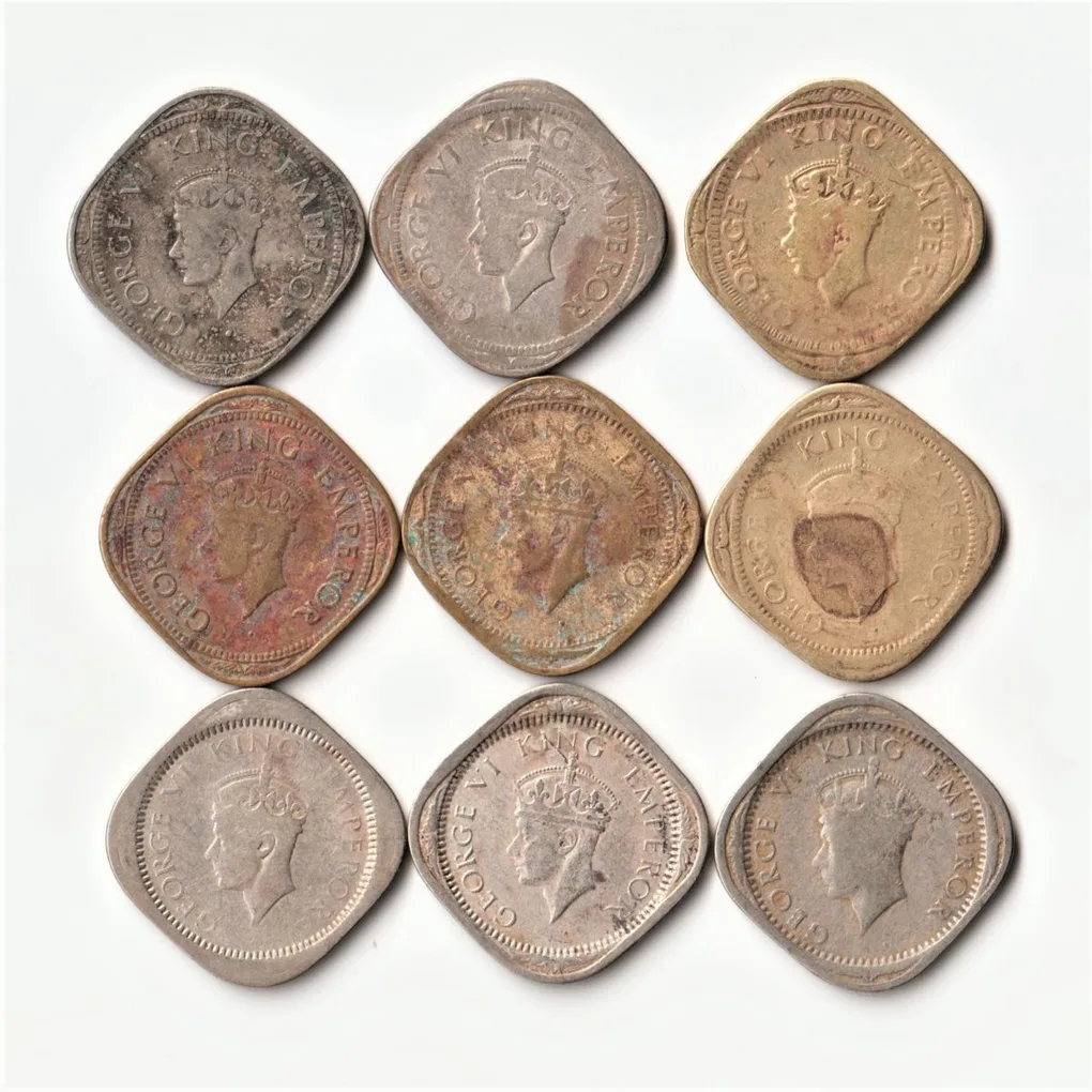 9 Coin Set of Two Anna 1939 to 1947 Copper-Nickel Coin of George VI British India Coinage
