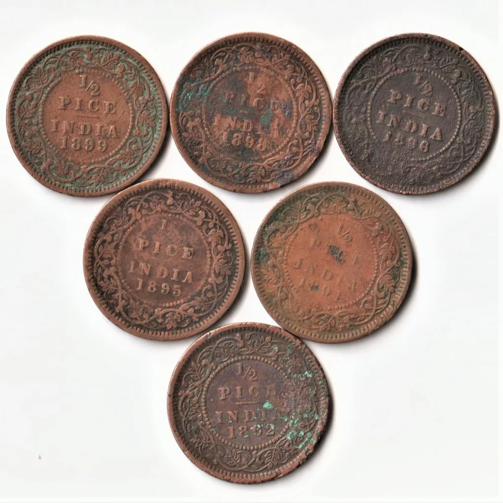 Rare 6 Coins Set of 1/2 Pice 1862 to 1899 Copper Coin of Victoria Empress British India Coinage
