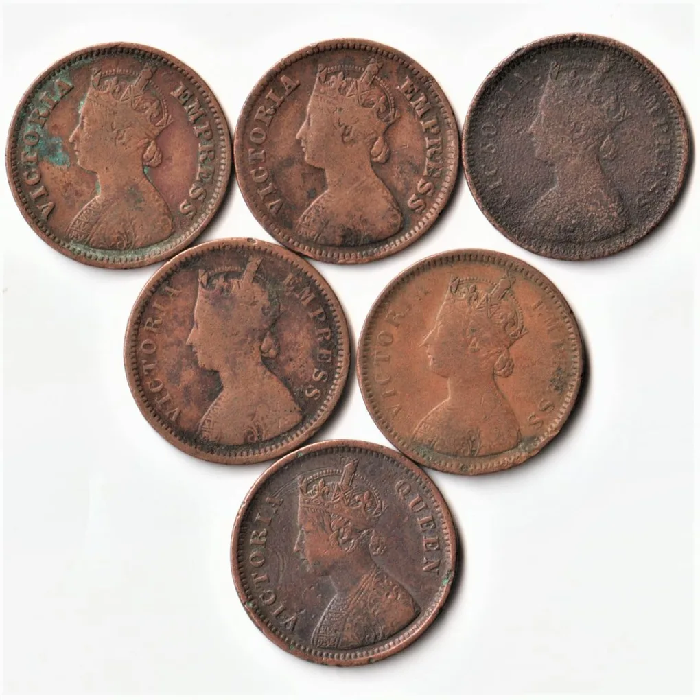 Rare 6 Coins Set of 1/2 Pice 1862 to 1899 Copper Coin of Victoria Empress British India Coinage