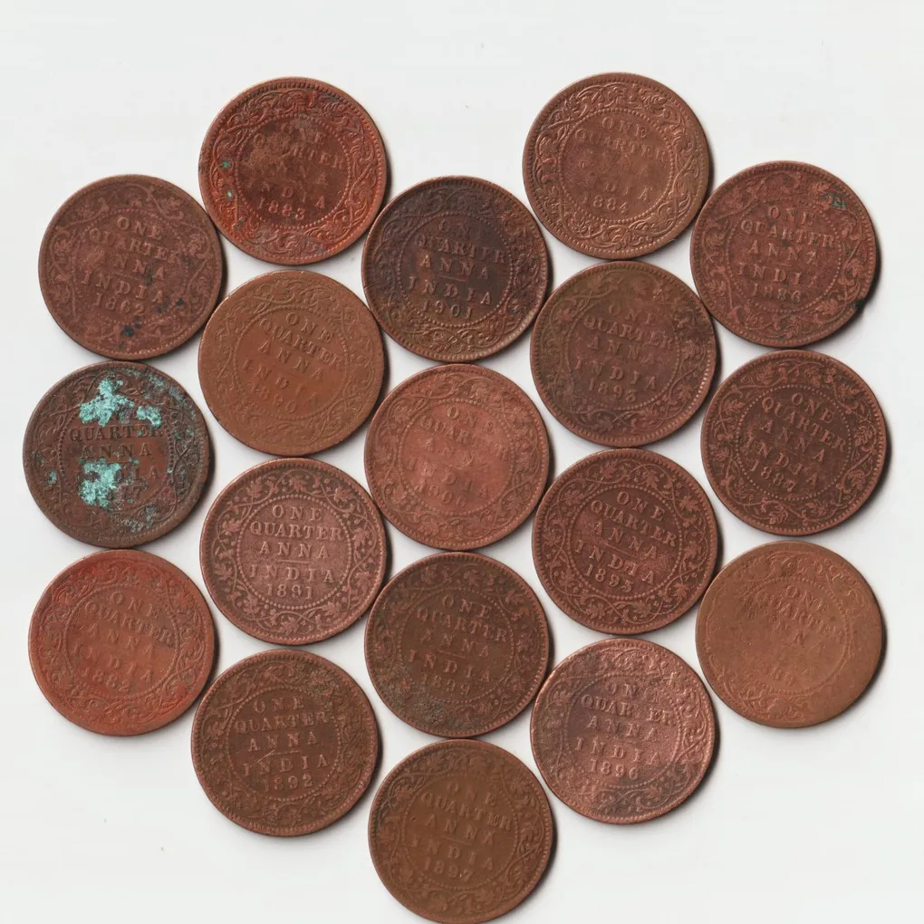 18 Coins Set of One Quarter Anna 1862 to 1901 Copper Coins Set of Queen Victoria British India Coinage