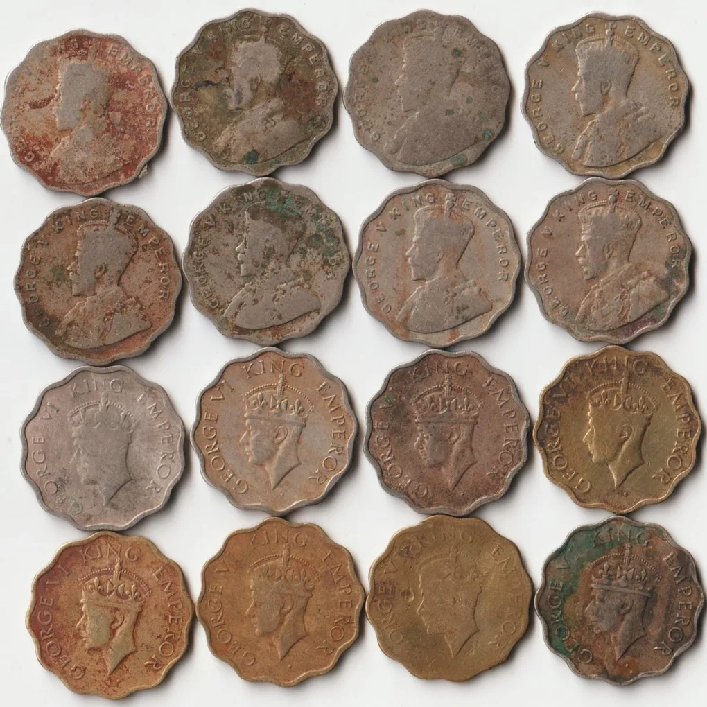 16 Coins Set of One Anna Different Dates and Different Mints Copper-Nickel Coins of King George VI and George V British India Coinage