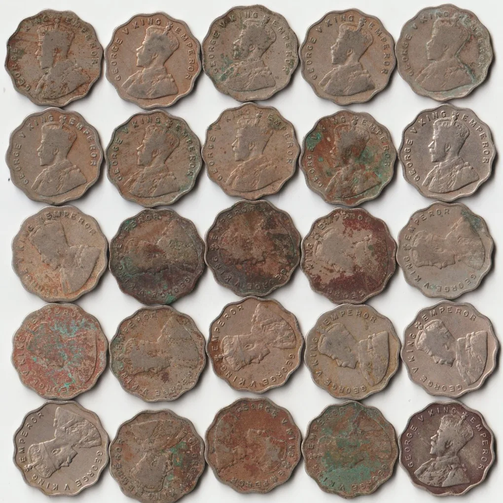25 Coins Set of 1 Anna Different Dates and Different Mints Copper-Nickel Coins of King George V British India Coinage