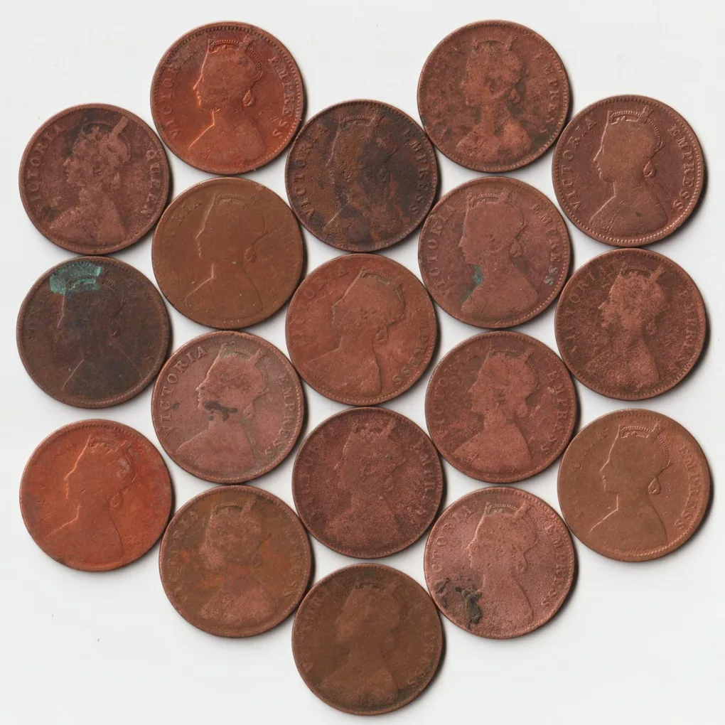 18 Coins Set of One Quarter Anna 1862 to 1901 Copper Coins Set of Queen Victoria British India Coinage