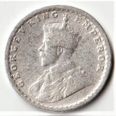 Scare Two Anna India 1913 of George V King Emperor Silver British India Coin Good Grade