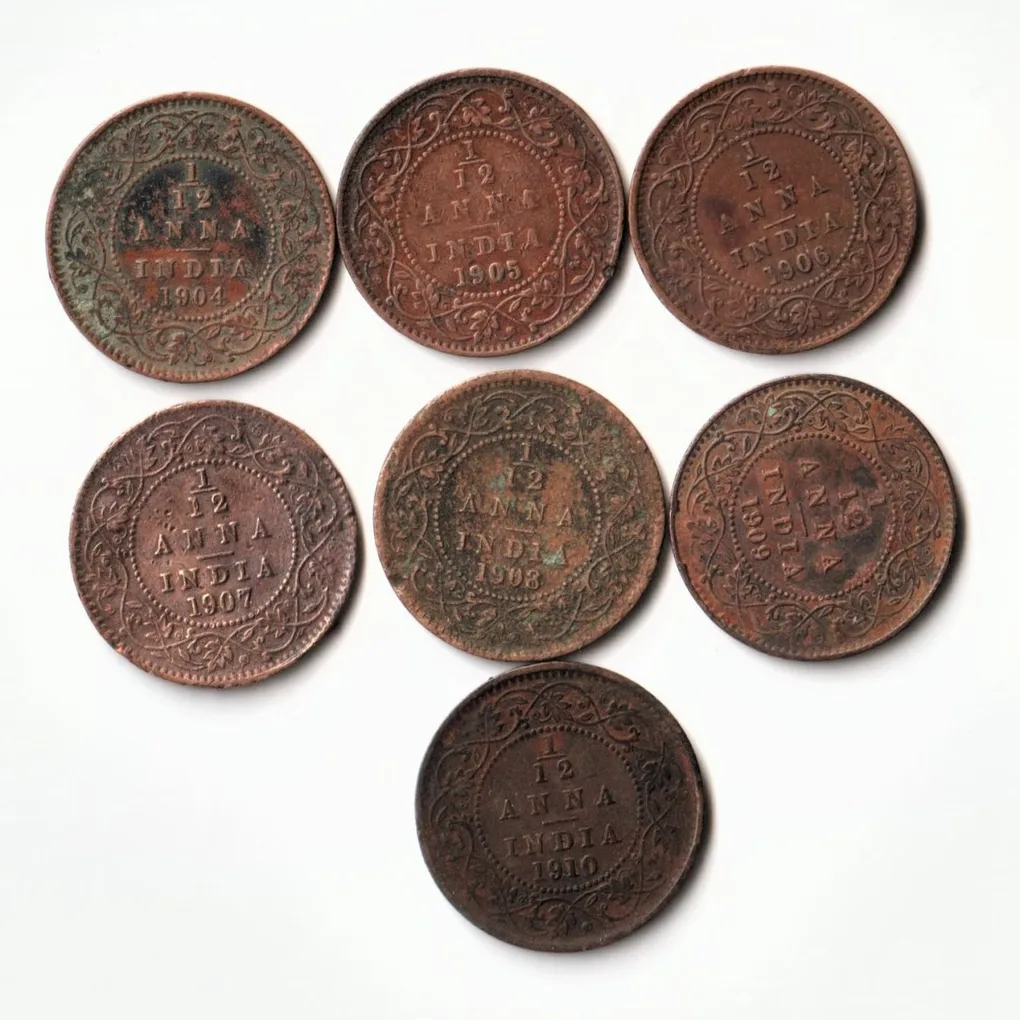 Good Grade 7 Coins Set of 1/12 Anna Different Years 1904 to 1910 Bronze Coins Of King Edward VII British India Coinage