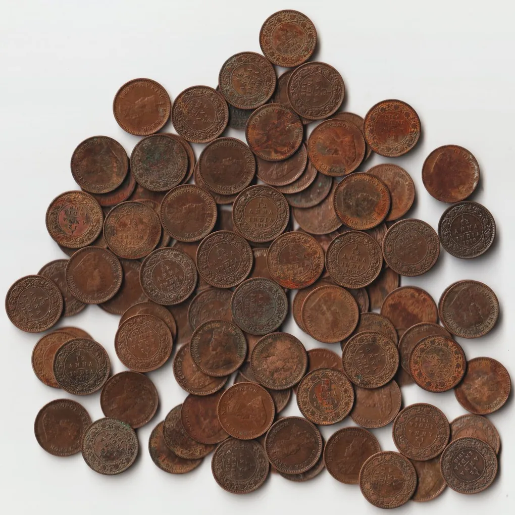 100 Coins Lot of 1/12 Anna Bronze Coins of King George V British India Coinage